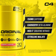 C4 Original pre-workout cherry limeade tub with easy scoop for quick prep