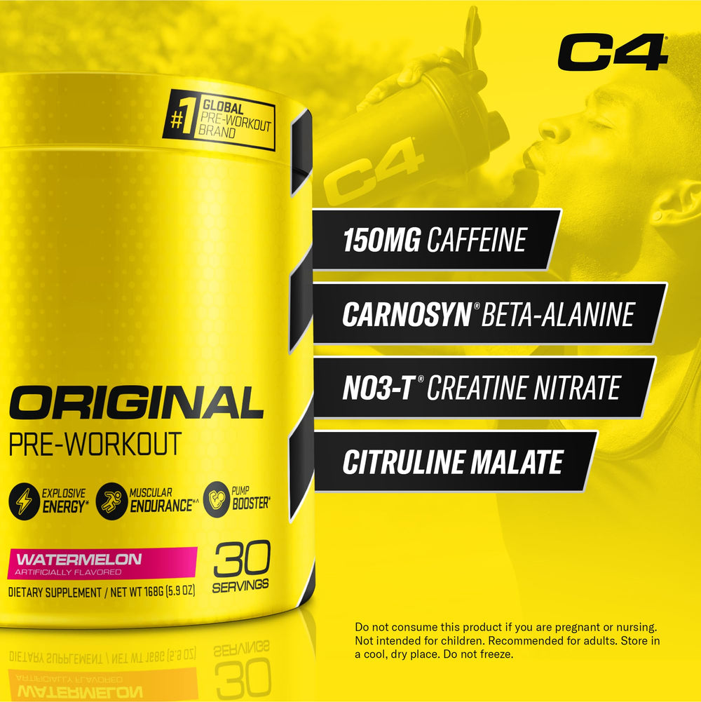 C4 Original watermelon powder scoop dispensing quick pre-workout serving