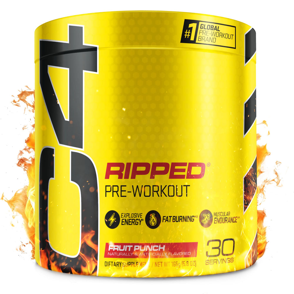 C4 Ripped Fruit Punch powder tub ready for pre workout energy boost