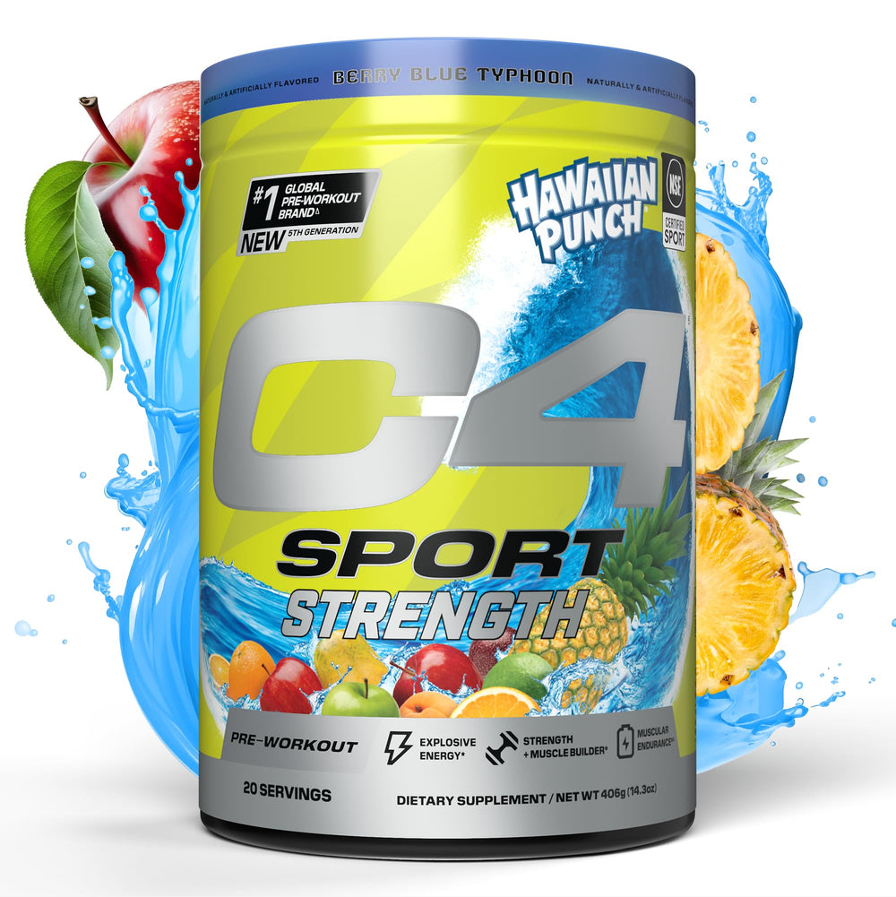 C4 Sport Strength tub in Hawaiian Punch Berry Blue powering intense workouts with clean energy