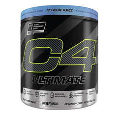 C4 Ultimate ICY Blue Razz bottle back highlights sugar-free formula.