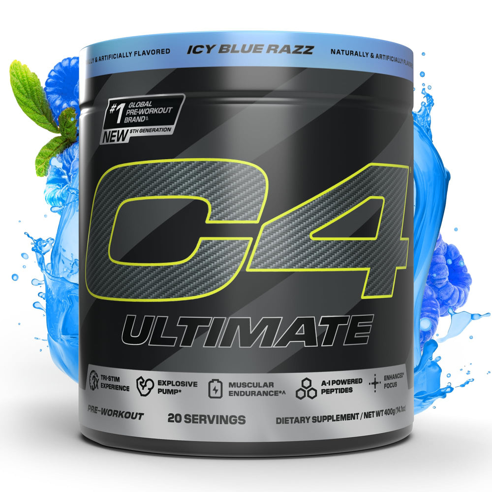 C4 Ultimate ICY Blue Razz bottle front for energized workouts.