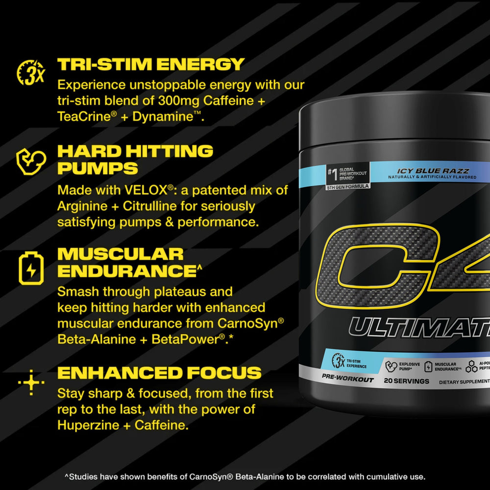 C4 Ultimate ICY Blue Razz tub label shows 300 mg caffeine and Citrulline Pump Matrix.
