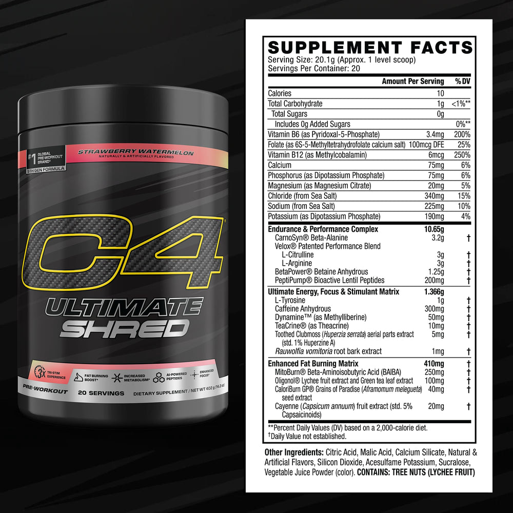 C4 Ultimate Shred strawberry watermelon powder ready to mix for workout energy