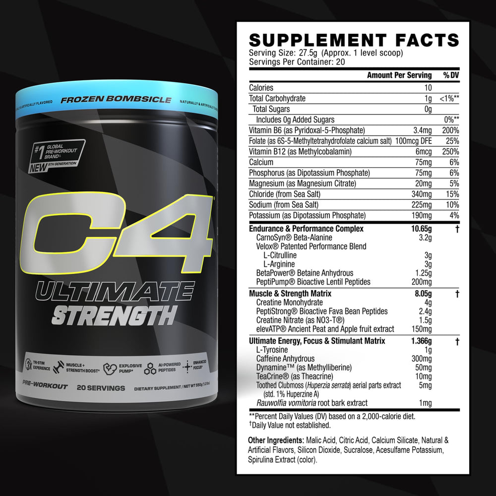Close-up of C4 Ultimate Strength label featuring caffeine and peptide ingredients for performance