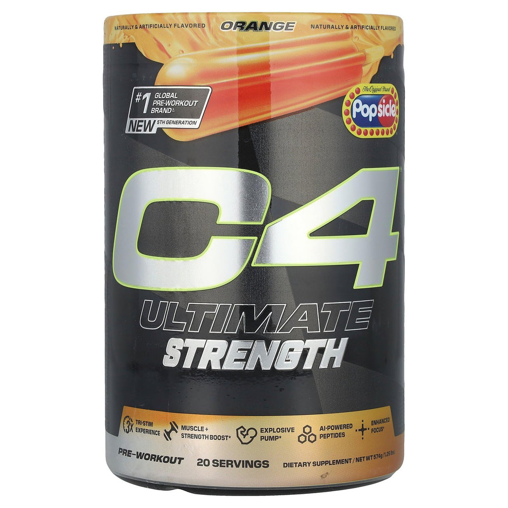 C4 Ultimate Strength orange popsicle tub with tri-stim energy and pumps.