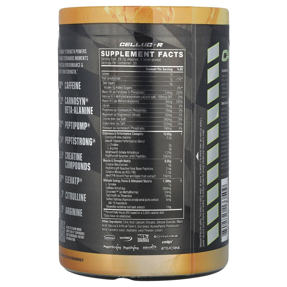 C4 Ultimate Strength powder scoop highlighting creatine and endurance blend for demanding sessions.