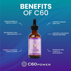 Close-up of C60 Power label showcasing 99.99% purity and organic base.
