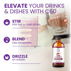 C60 Purple Power in organic MCT base supports fast energy transfer for body and brain.
