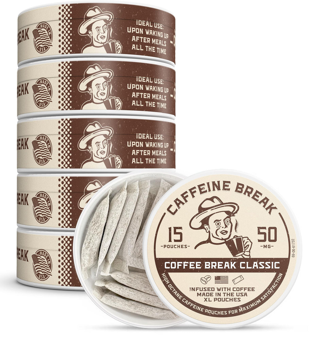 Caffeine Break Coffee Break pouch packaging in a tin for on-the-go energy.