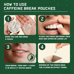 Caffeine Break Wintergreen pouch back showing 50 mg caffeine per serving for steady focus.