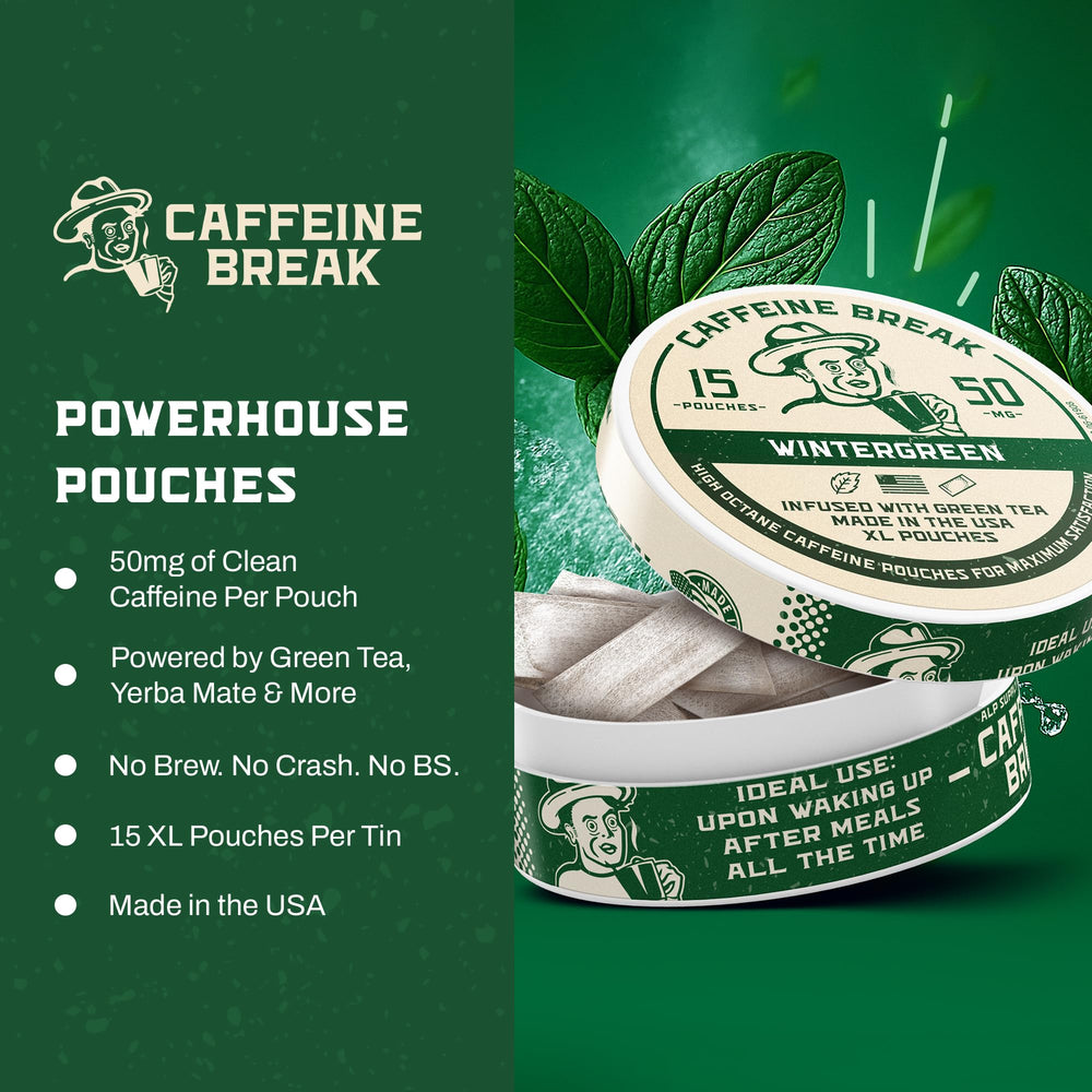 Caffeine Break Wintergreen pouch being dispensed for quick energy boost during workouts.