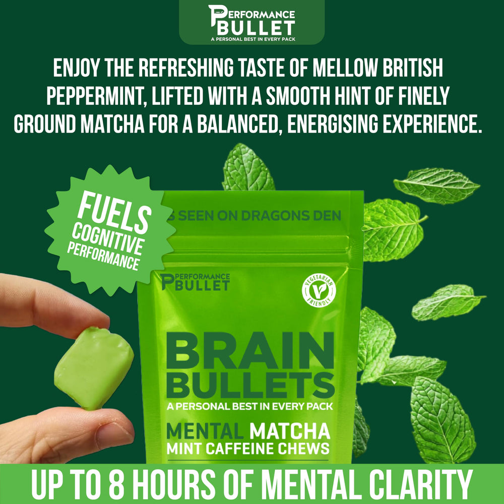 Caffeine Bullet mint matcha chew closeup, fast-acting focus within minutes.