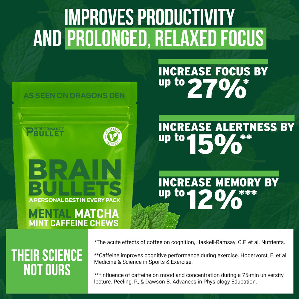 Caffeine Bullet mint matcha chew unwrapped, low-calorie snacking for focus.
