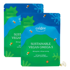 Calgee vegan omega-3 softgels bottle front highlighting algae-based DHA and EPA