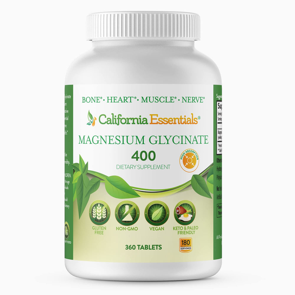 California Essentials Magnesium Glycinate 400 bottle front view promotes muscle relaxation.