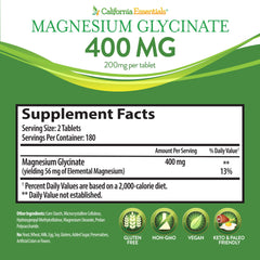 California Essentials Magnesium Glycinate 400 packaging highlights gluten-free and dairy-free.