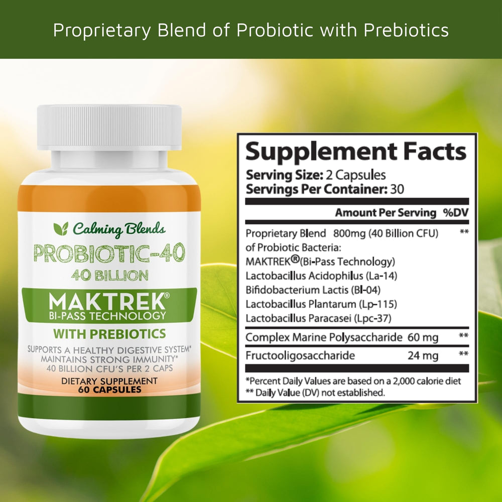 CALMING BLENDS tea and probiotic morning routine suggests a mindful start to digestive wellness.