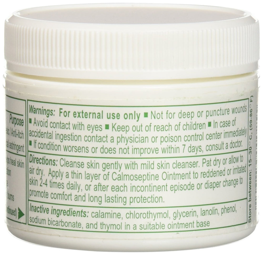 Calmoseptine barrier-ointment jar close-up highlighting active ingredients.
