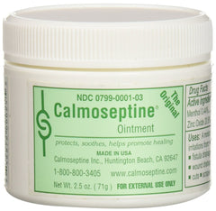 Calmoseptine diaper rash ointment jar provides moisture barrier protection.
