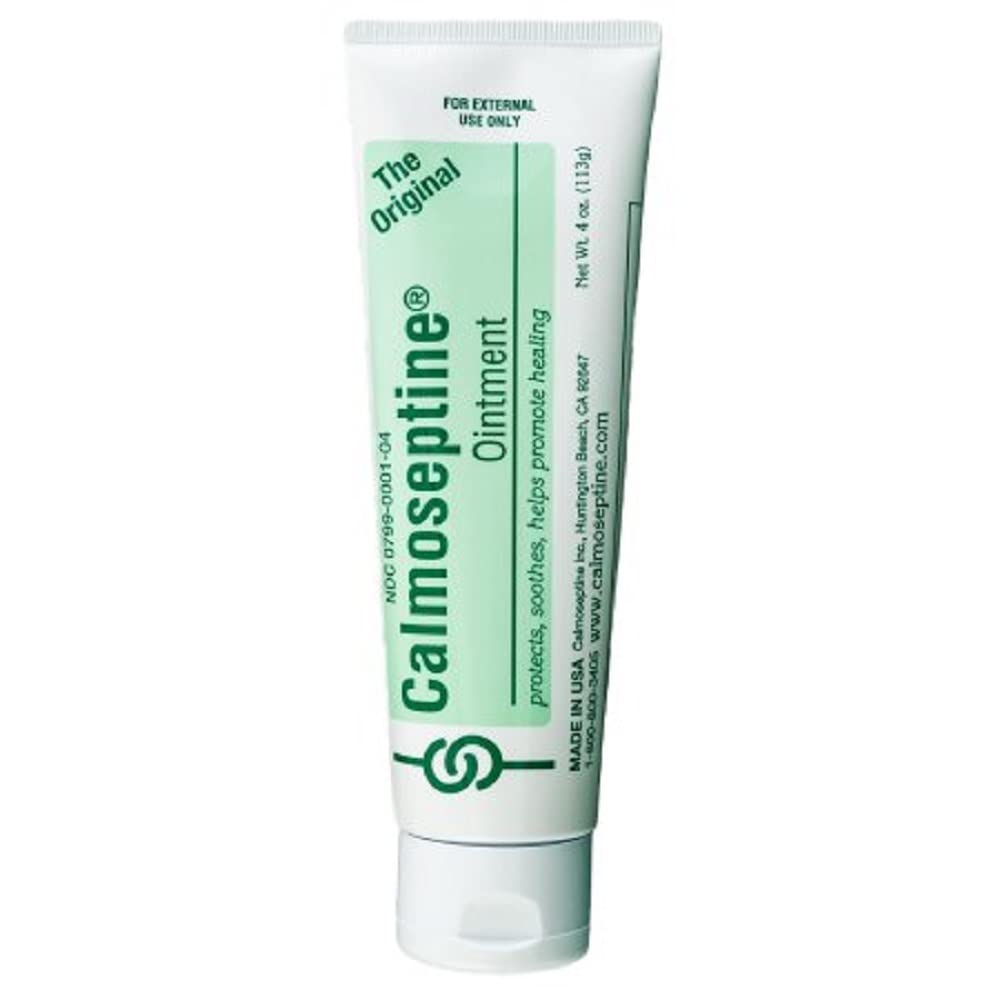 Calmoseptine ointment 4 oz bottle offering moisture barrier to soothe skin irritations.