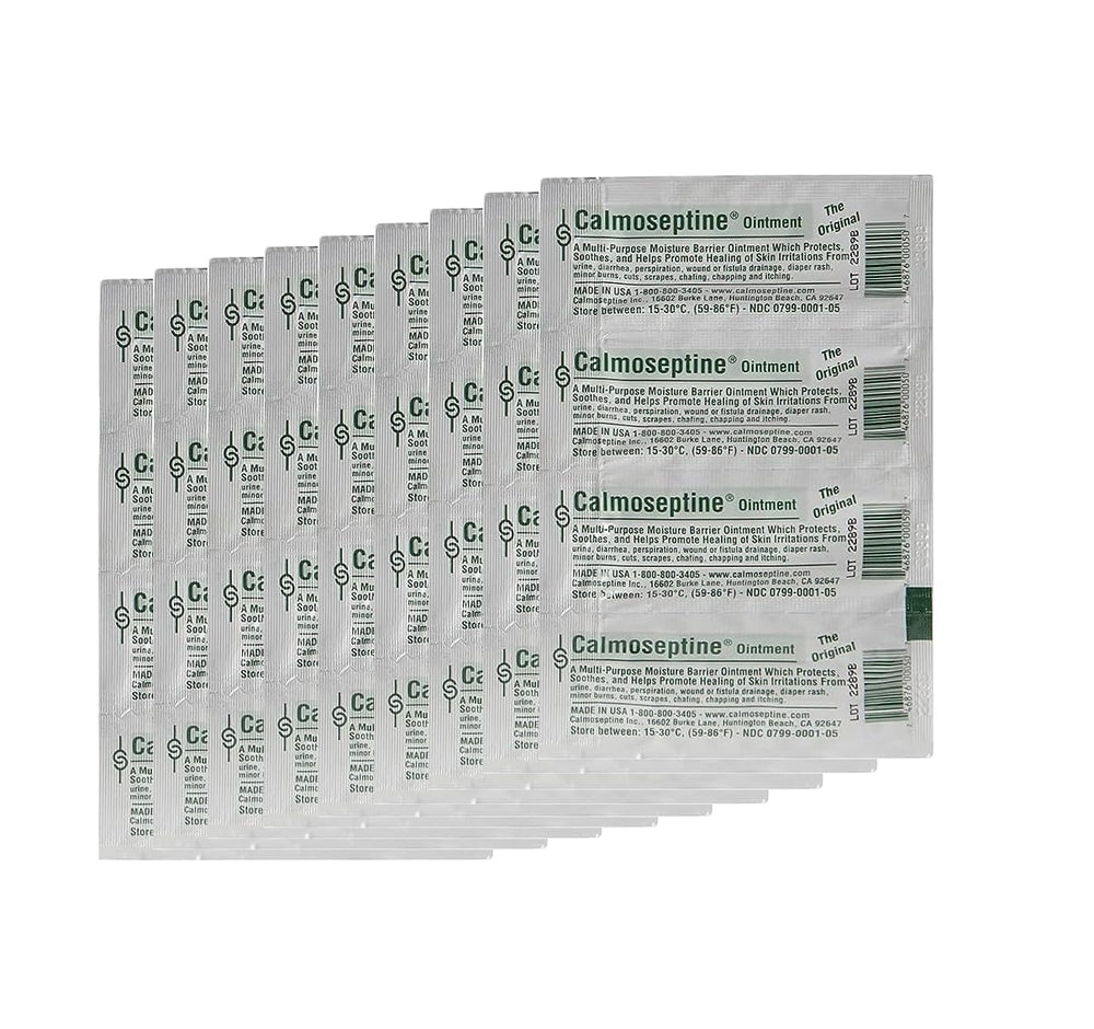 Calmoseptine ointment foil packets provide a portable moisture barrier for skin irritations.