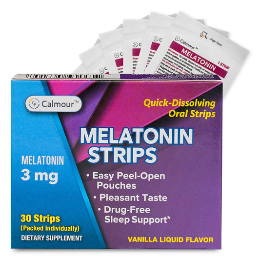CALMOUR 30 Oral Sleep Strips pack offers convenient nightly use on the go