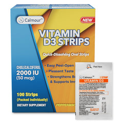 CALMOUR Vitamin D3 Strips pack shown for easy daily use and portability.