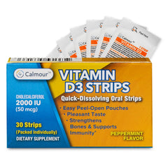CALMOUR Vitamin D3 Strips on tongue melt for easy daily use.