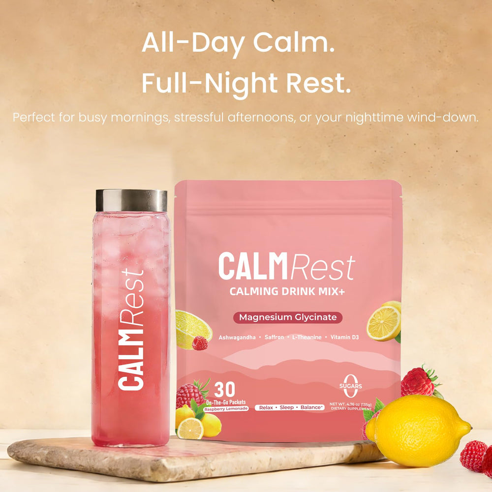 CalmRest night-time relaxation glass prepared for restful evenings.