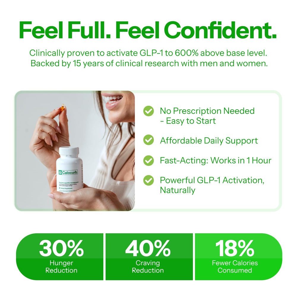 Calocurb capsules close-up, plant-based formula for fullness cues.