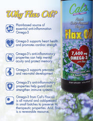 Cal's Flax Oil bottle pouring oil for easy daily use in meals.