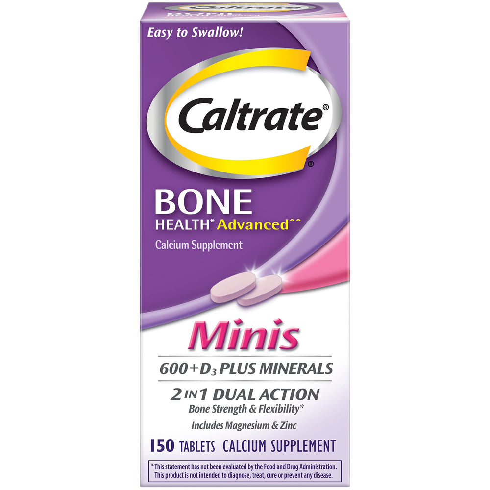 Caltrate calcium and vitamin D3 mini tablets bottle close-up for daily bone support.