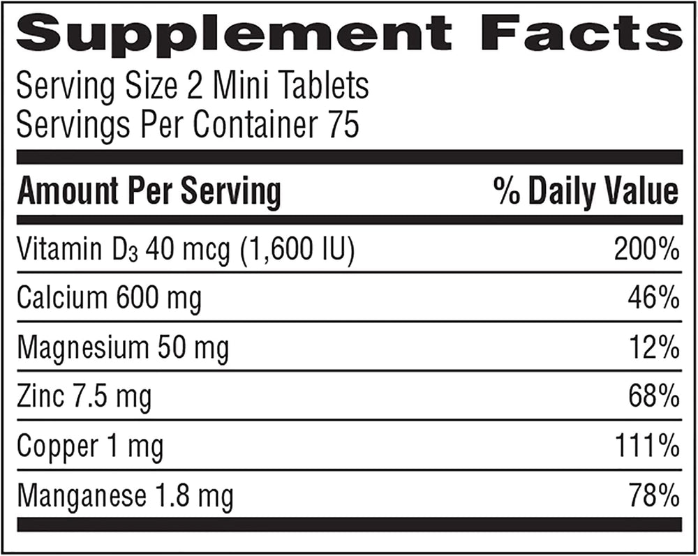 Caltrate Minis bottle label on packaging showing ingredients and dosage information.