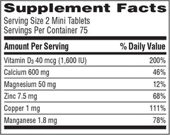 Caltrate Minis bottle label on packaging showing ingredients and dosage information.