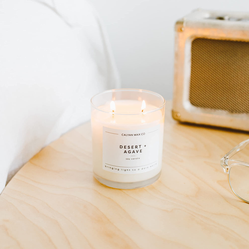Calyan Wax Co. Desert & Agave candle still life on display.