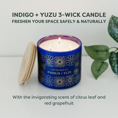 Close-up of Indigo and Yuzu wax showing triple-wick setup for even fragrance release