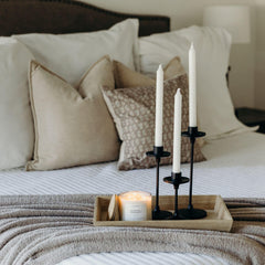 Calyan Wax Co Lavender and Bergamot candle in evening light suggests calm aroma