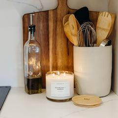 Calyan Wax Co. Oakmoss and Amber in a cozy living room setting