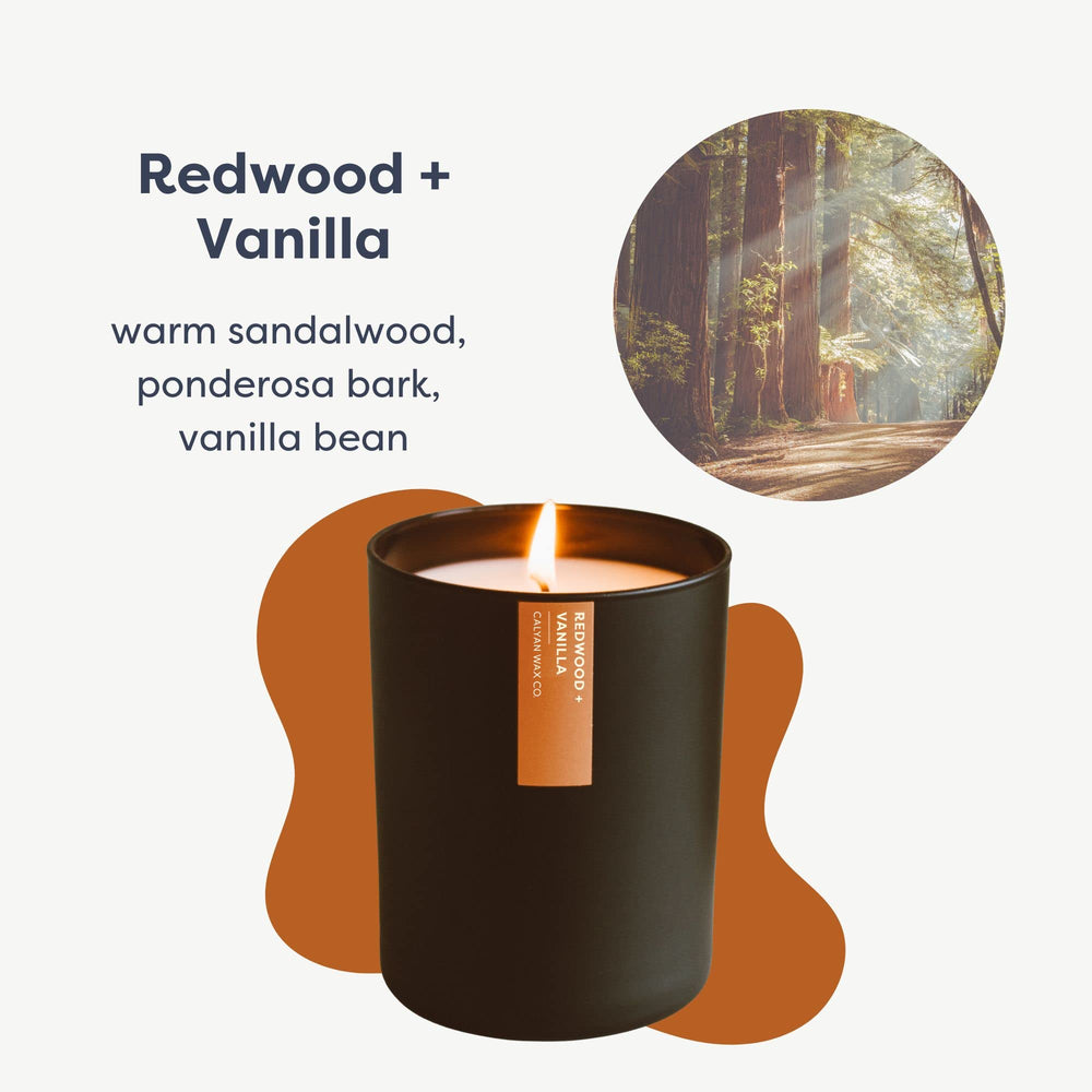 Calyan Wax Co. Redwood & Vanilla candle, ambient glow for living room mood