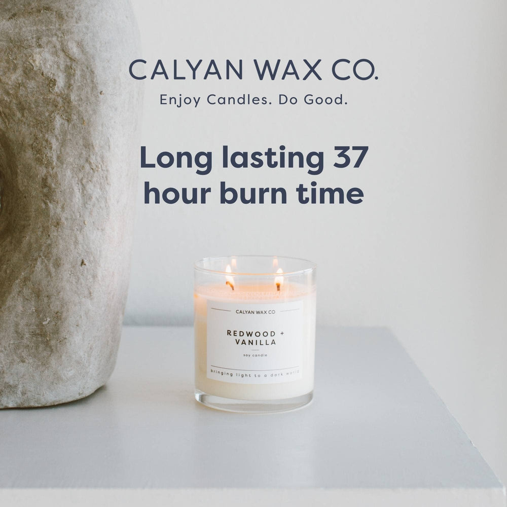 Calyan Wax Co cotton-wick detail highlights two-wick setup for even scent.