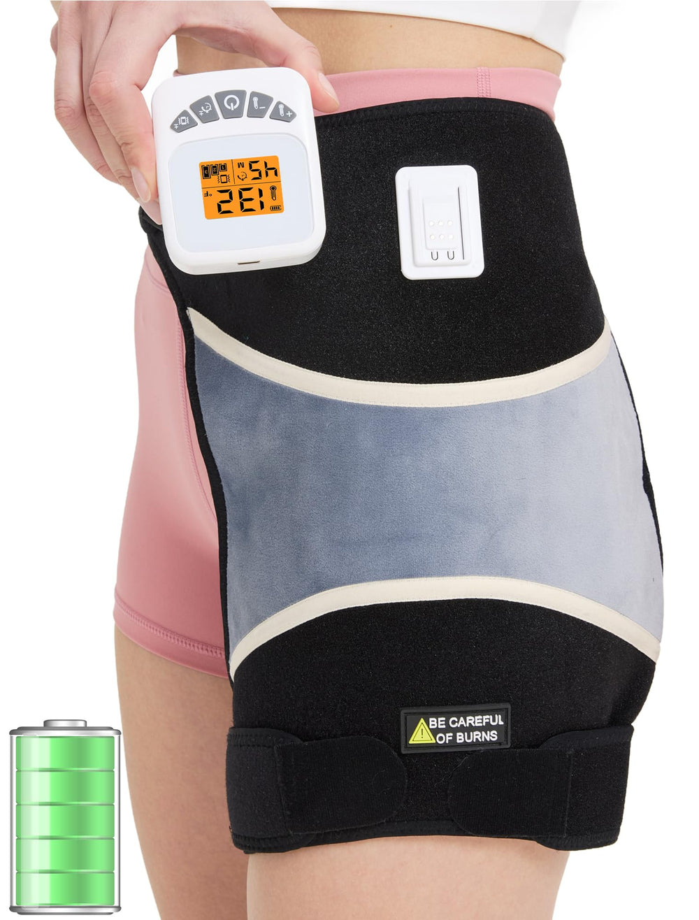 CAMECO 2-in-1 cordless hip heating pad on hip for on-the-go relief and warmth
