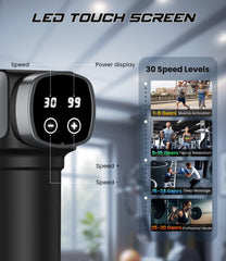 CAMEFER massage gun side profile highlighting portable, quiet recovery for home and gym.