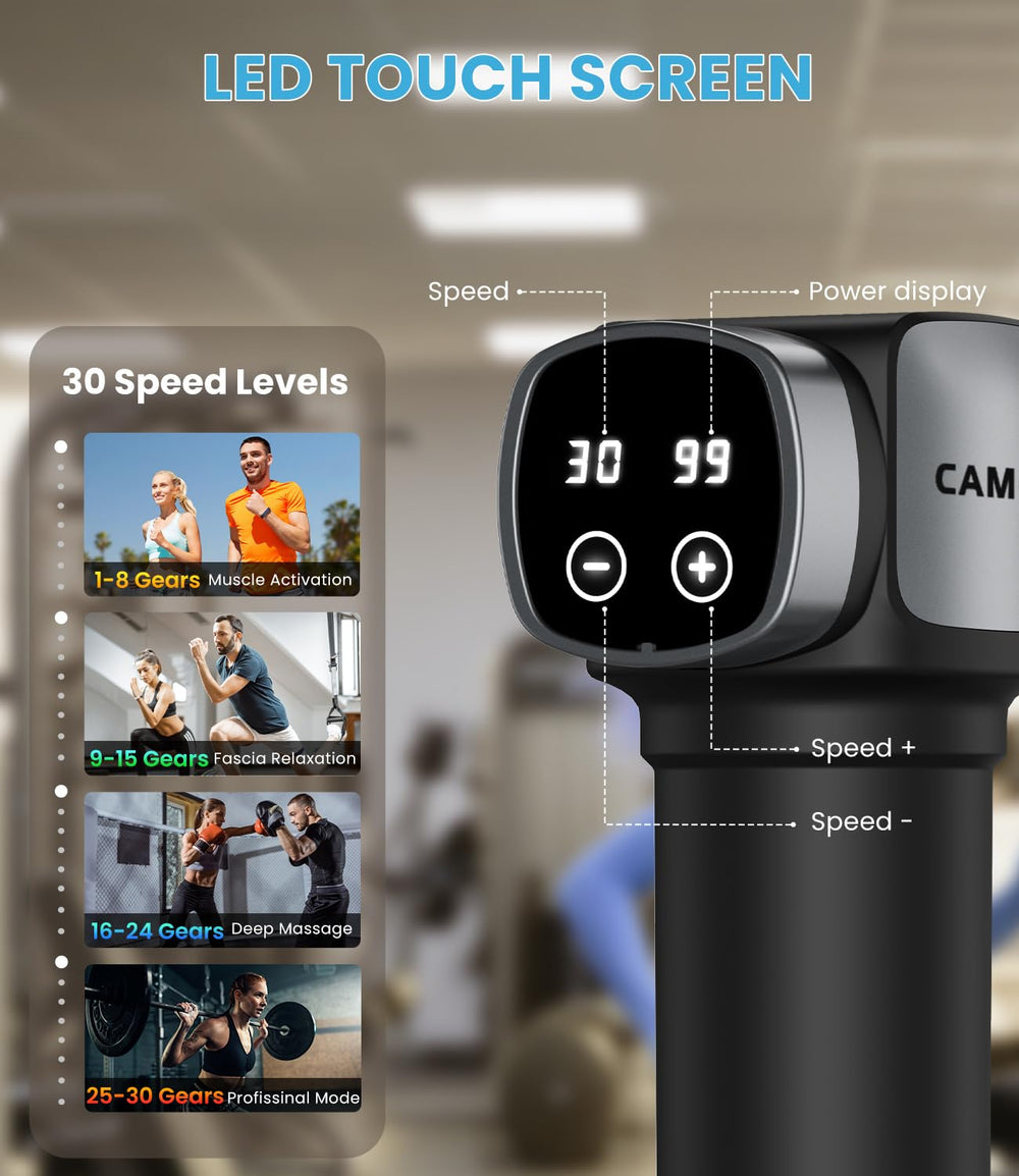 CAMEFER massage gun showing 30 speed levels for customizable muscle care.