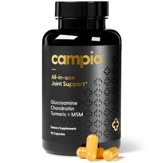 Campio Glucosamine bottle front view highlighting joint support formula.