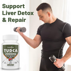 Canarata TudCA label closeup highlighting 2000 mg per serving and bile salts support.