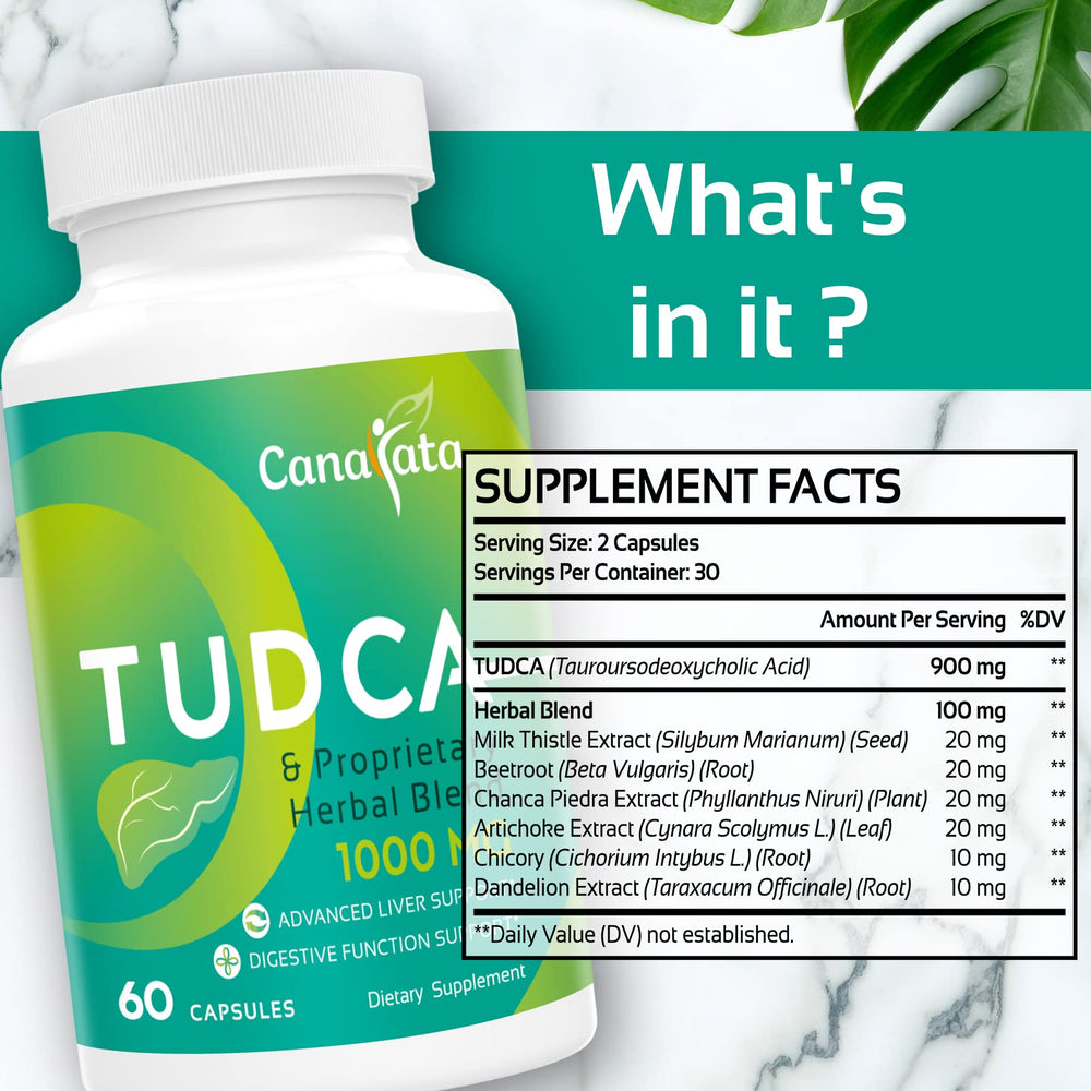 Close-up of Canarata Tudca capsules highlighting milk thistle blend.