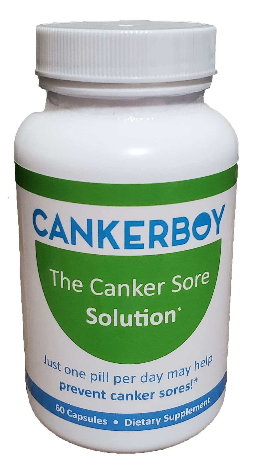 Cankerboy bottle front view showing daily use to reduce recurrence of canker sores.