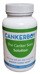 Cankerboy bottle front view showing daily use to reduce recurrence of canker sores.
