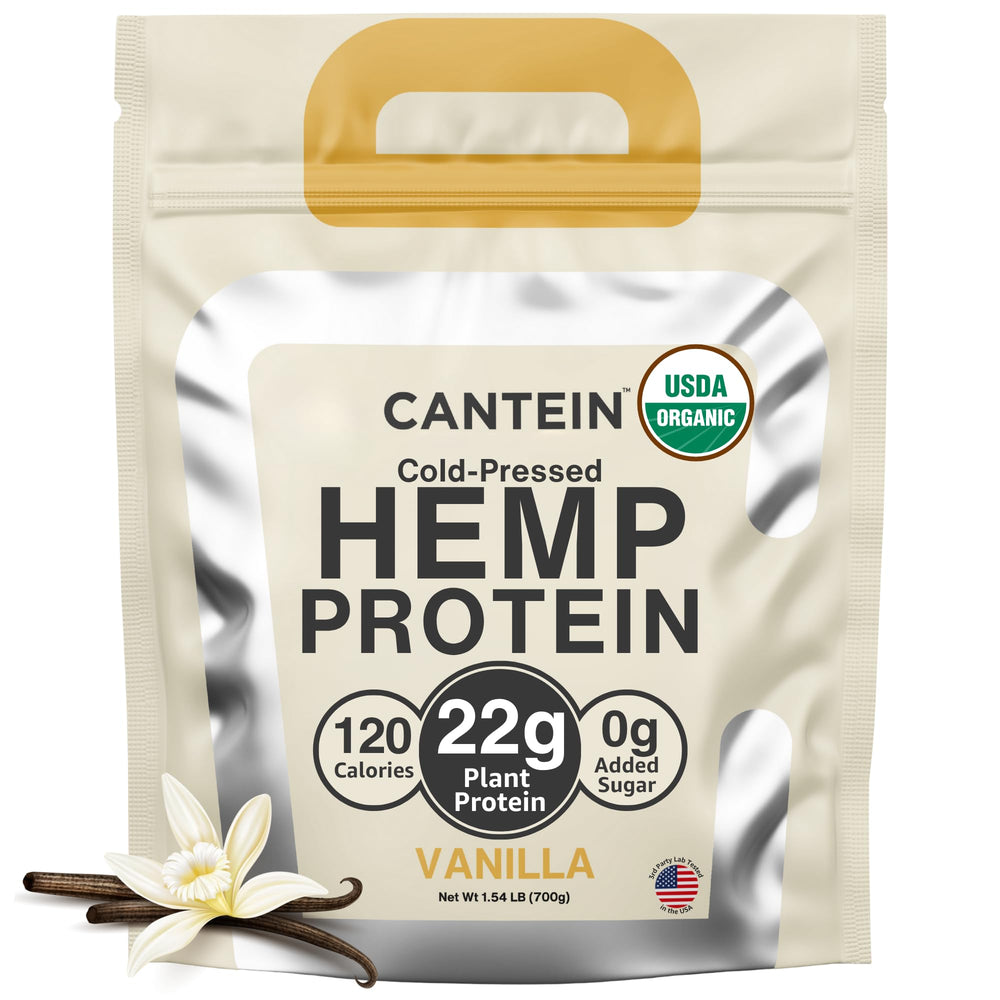 Cantein vanilla hemp protein pack shot highlights organic ingredients for a clean protein boost